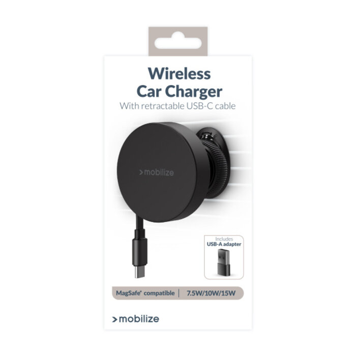 Mobilize Mobilize MagSafe Compatible Car Holder/Charger 7.5W/10W/15W with Retractable USB-C Cable Black