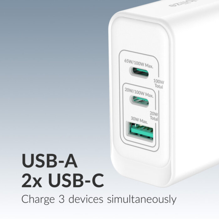 Mobilize Mobilize Wall Charger 2x USB-C + 1x USB GaN 100W with PD/PPS White