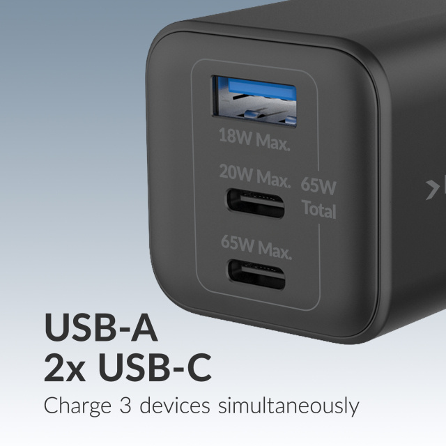 Mobilize Mobilize GaN Snellader 65W - 2x USB-C + 1x USB-A met PD/PPS - Zwart