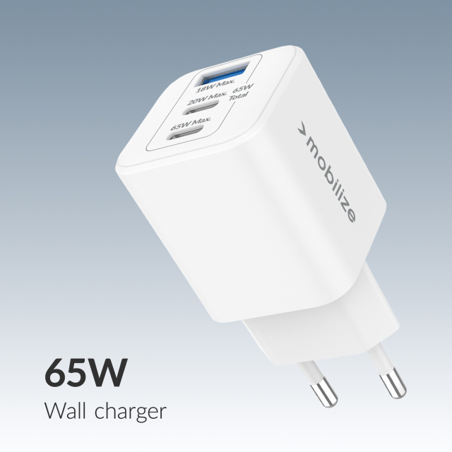 Mobilize Mobilize GaN Snellader 65W - 2x USB-C & 1x USB-A - PD / PPS - Wit