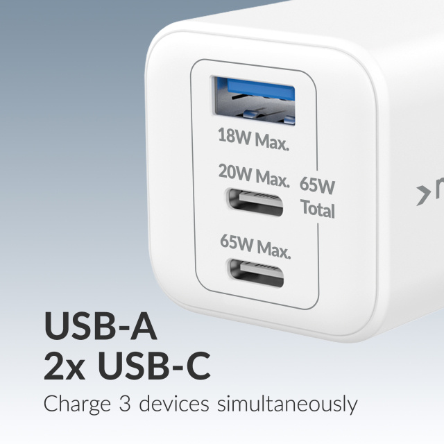 Mobilize Mobilize GaN Snellader 65W - 2x USB-C & 1x USB-A - PD / PPS - Wit