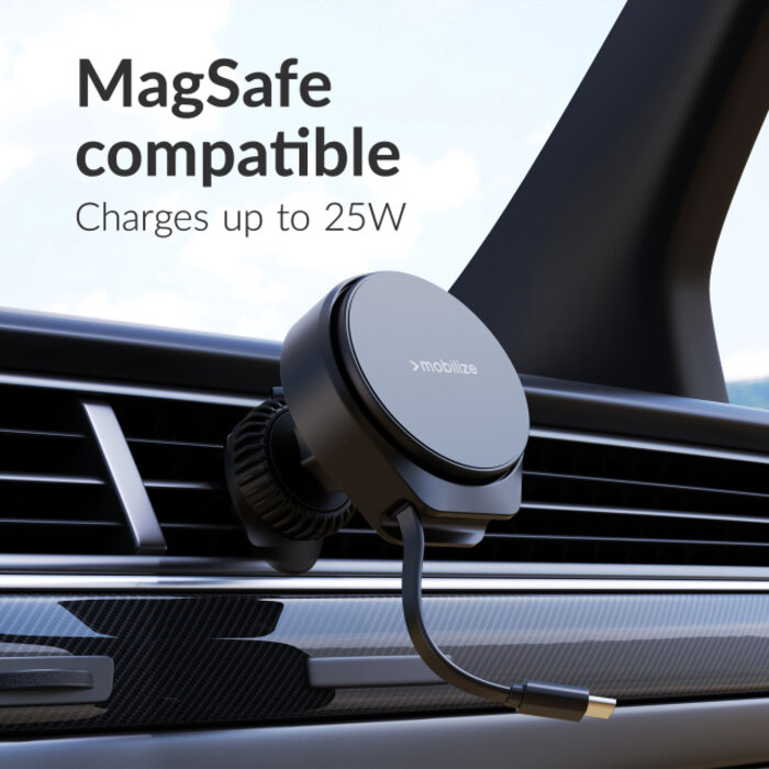 Mobilize Mobilize MagSafe Compatible Car Holder/Charger 25W Qi2.2 with Retractable USB-C Cable Black
