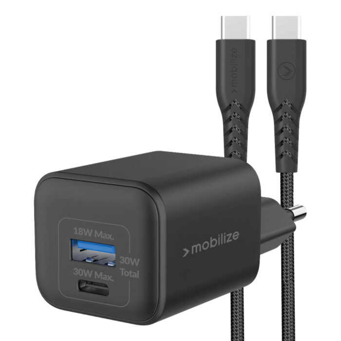Mobilize Mobilize Wall Charger USB-C + USB GaN 30W with PD/PPS + USB-C Nylon Cable 1.2m Black