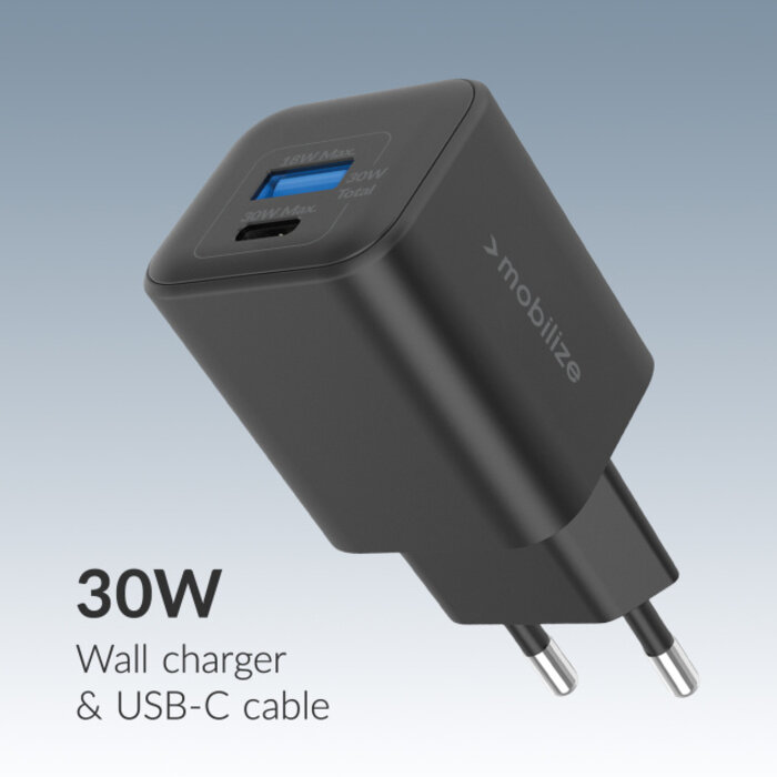 Mobilize Mobilize Wall Charger USB-C + USB GaN 30W with PD/PPS + USB-C Nylon Cable 1.2m Black