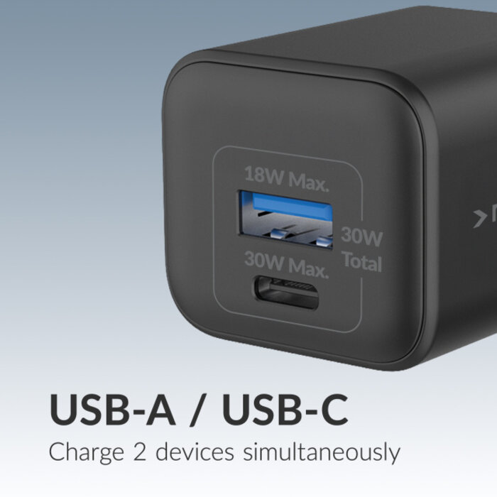 Mobilize Mobilize Wall Charger USB-C + USB GaN 30W with PD/PPS + USB-C Nylon Cable 1.2m Black