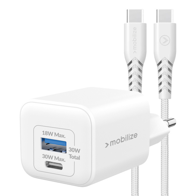 Mobilize Mobilize GaN 30W Thuislader USB-C + USB-A met USB-C Kabel 1.2m Wit