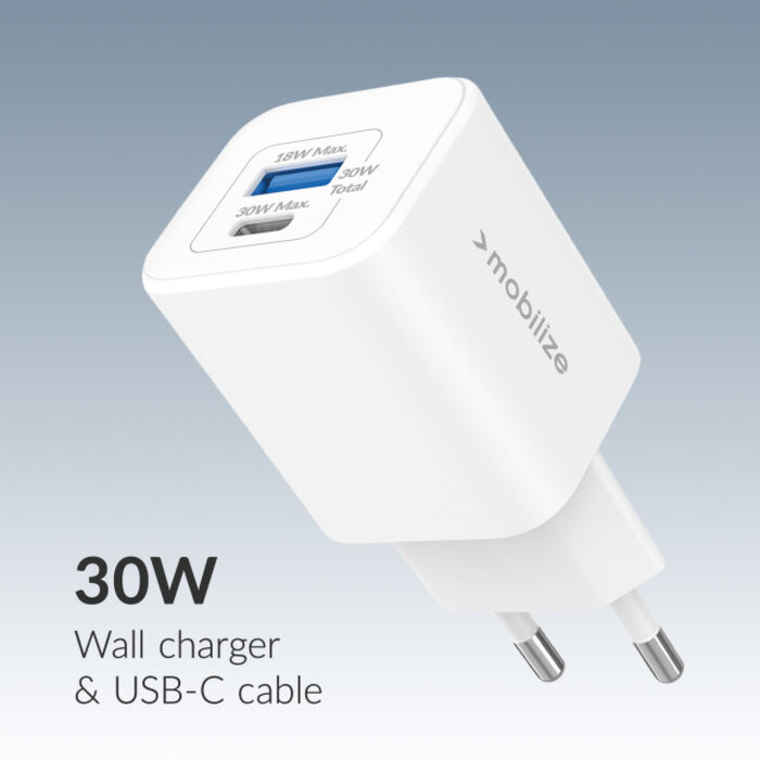 Mobilize Mobilize GaN 30W Thuislader USB-C + USB-A met USB-C Kabel 1.2m Wit