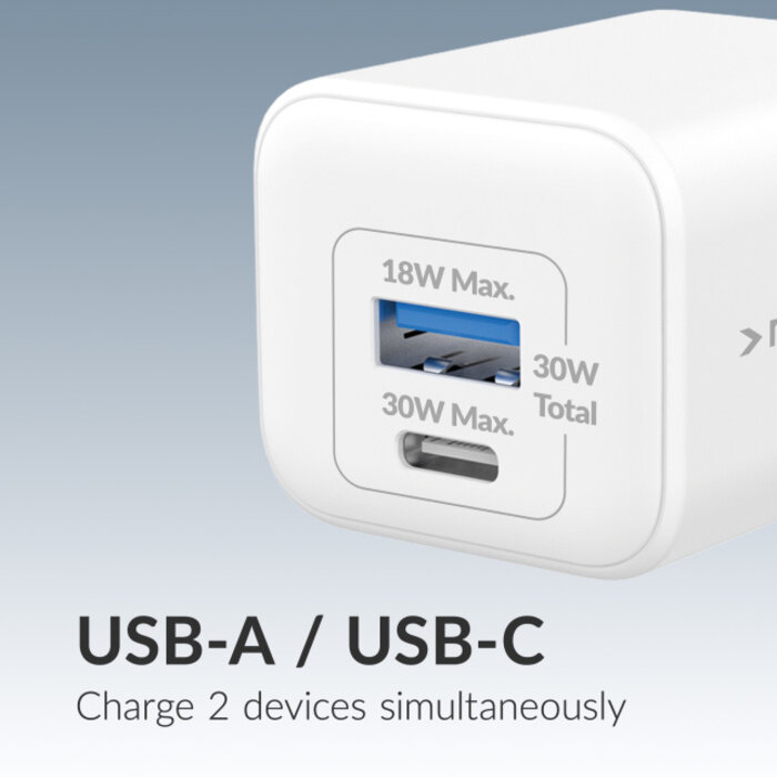 Mobilize Mobilize GaN 30W Thuislader USB-C + USB-A met USB-C Kabel 1.2m Wit