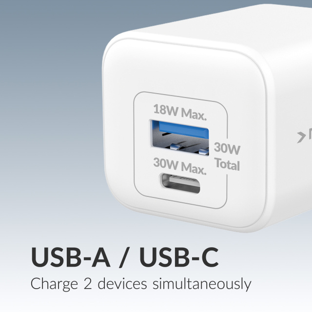 Mobilize Mobilize GaN 30W Thuislader USB-C + USB-A met USB-C Kabel 1.2m Wit
