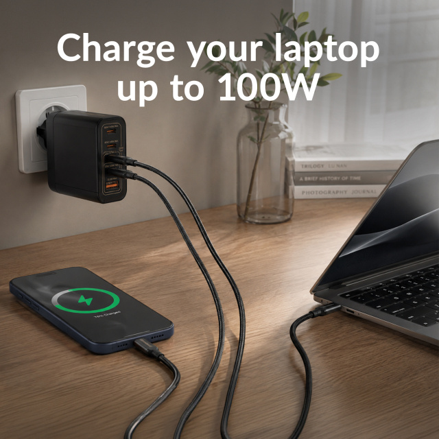 Mobilize Mobilize GaN Snellader 100W - 2x USB-C + 1x USB-A - PD/PPS - Zwart