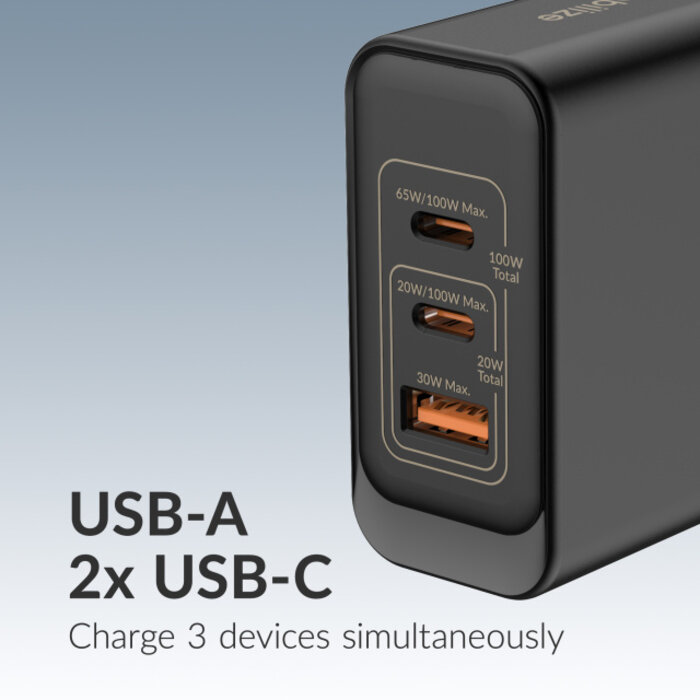 Mobilize Mobilize GaN Snellader 100W - 2x USB-C + 1x USB-A - PD/PPS - Zwart