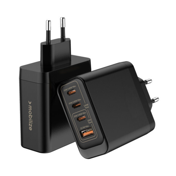 Mobilize Mobilize GaN Thuislader 140W - 3x USB-C + 1x USB-A - PD / PPS - Zwart