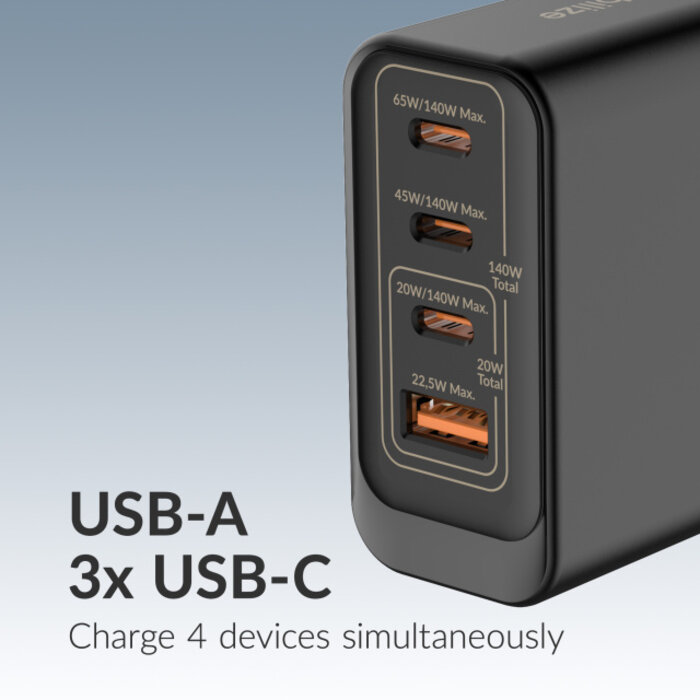 Mobilize Mobilize GaN Thuislader 140W - 3x USB-C + 1x USB-A - PD / PPS - Zwart