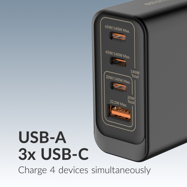 Mobilize Mobilize GaN Thuislader 140W - 3x USB-C + 1x USB-A - PD / PPS - Zwart