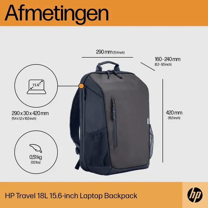 HP INC. HP Travel 15.6 Laptop Backpack - 18L (Uitbreidbaar tot 21L) - Iron Grey