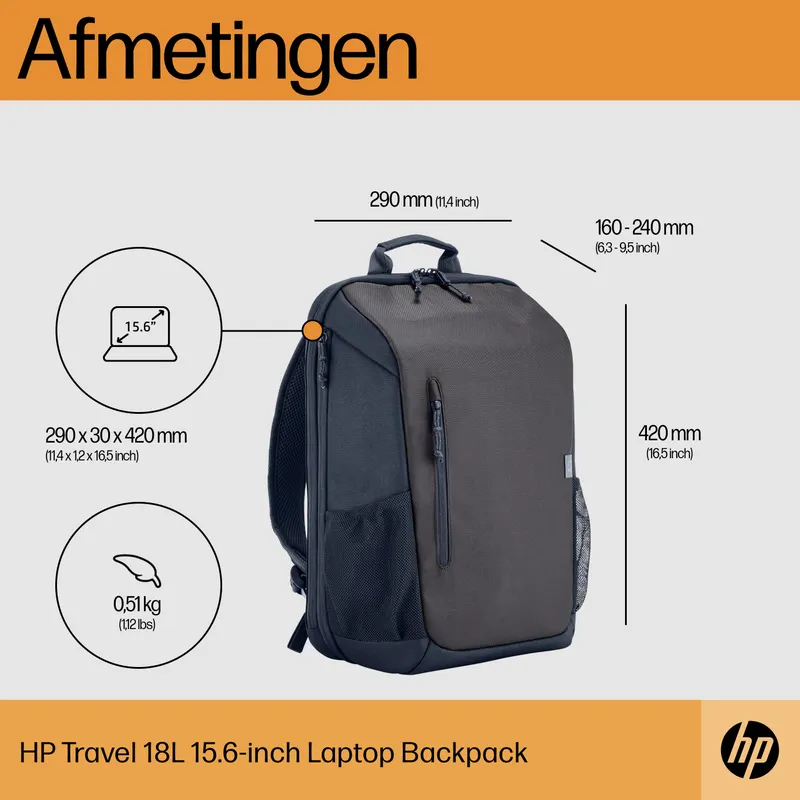 HP INC. HP Travel 15.6 Laptop Backpack - 18L (Uitbreidbaar tot 21L) - Iron Grey
