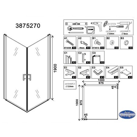 Best Design BD "ERICO" vierkante cabine m.2 deuren 100x100x192cm NANO glas 6mm