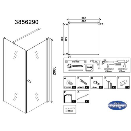 Best Design BD "ERICO" vierkante cabine met 1 swing deur 90x90x200cm NANO glas 6mm