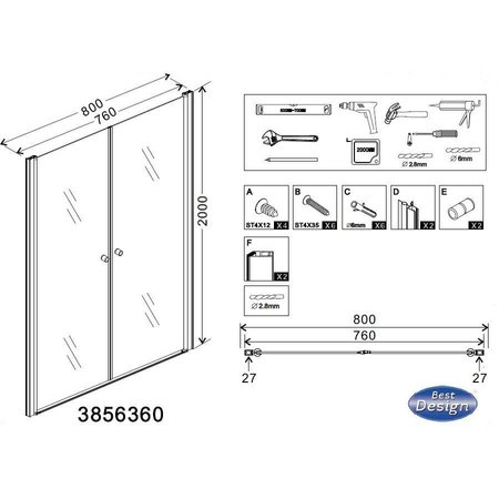 Best Design BD "ERICO" Pendeldeur met profiel 76-79cm H=200cm NANO glas 6mm