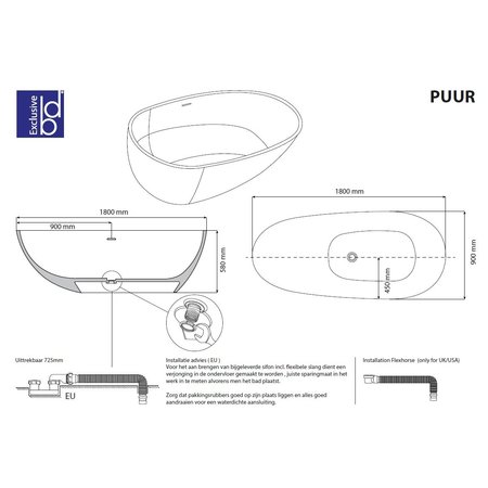 Best-Design "Puur" vrijstaand bad "Just-Solid" 180x90x58cm