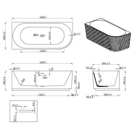 Wiesbaden Rivi hoekbad links 180 x 80 cm acryl glans wit met waste glans wit