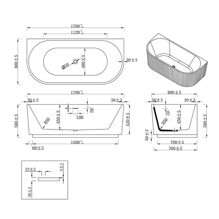 Wiesbaden Rivi half vrijstaand ligbad 170 x 80 cm acryl glans wit met waste glans wit