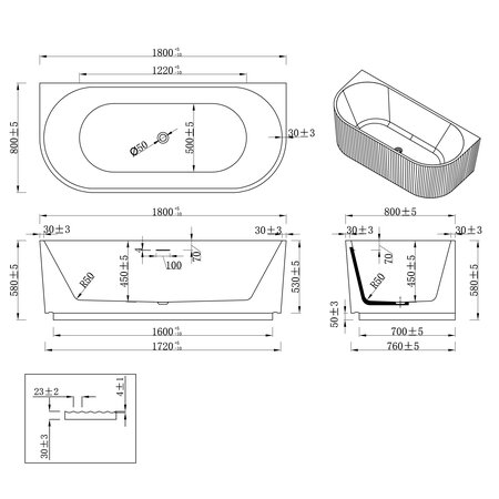 Wiesbaden Rivi half vrijstaand ligbad 180 x 80 cm acryl glans wit met waste glans wit