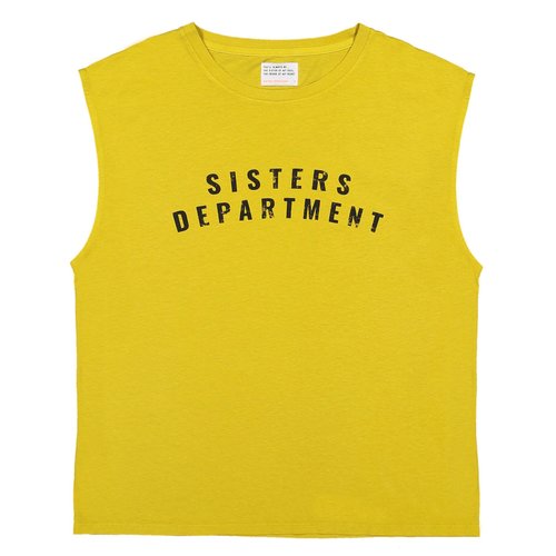 Sisters Department Sleeveless t-shirt w/ deep round neck | mustard w/ "sisters department" black print Sisters Department Sleeveless t-shirt w/ deep round neck | mustard w/ "sisters department" black print