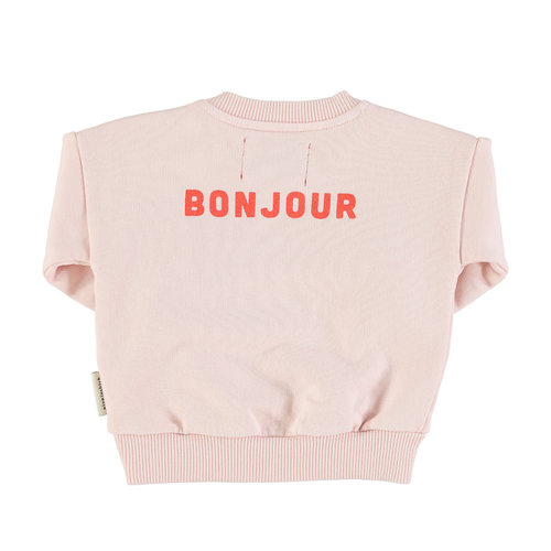 piupiuchick Sweatshirt | pink w/ "hello in french" red print