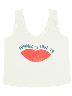 Sisters Department Sleeveless top w/ v-neck | white w/ "lips" print