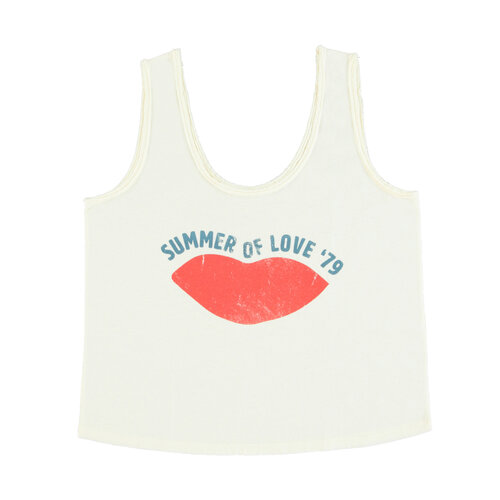 Sisters Department Sleeveless top w/ v-neck | white w/ "lips" print