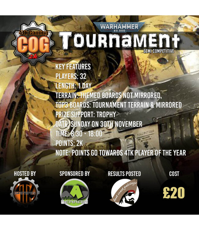 4Tk Gaming COG 2k Warhammer 40k 1 Day Tournament (Sun 30th Nov 2025)