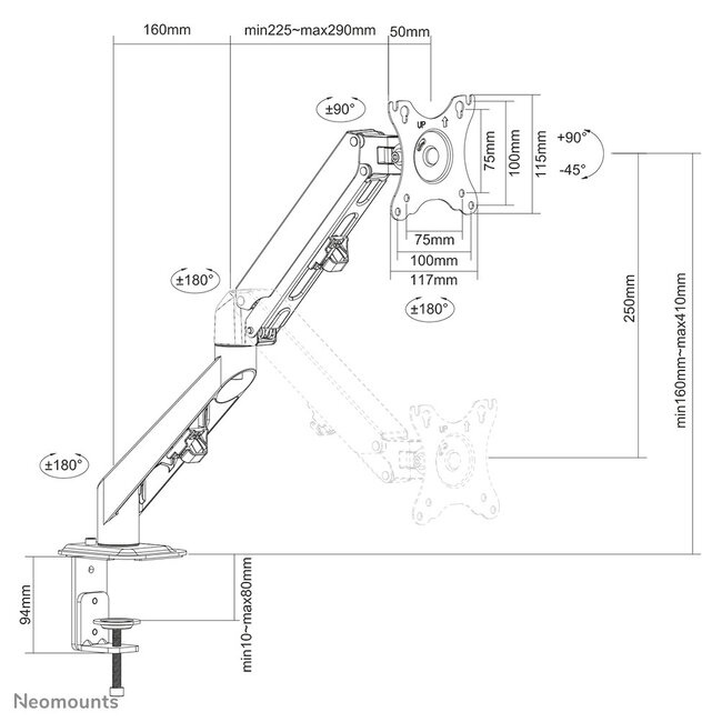 Neomounts DS70-700BL1 Monitorarm 17-27" - gasveer