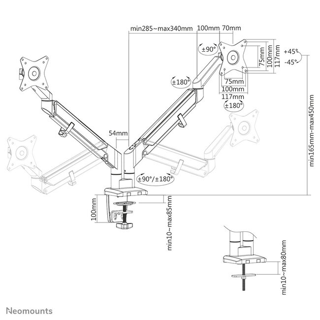 Neomounts DS70-810BL2 Monitorarm 17-32" - gasveer - ruimtebesparend - 180°-stop