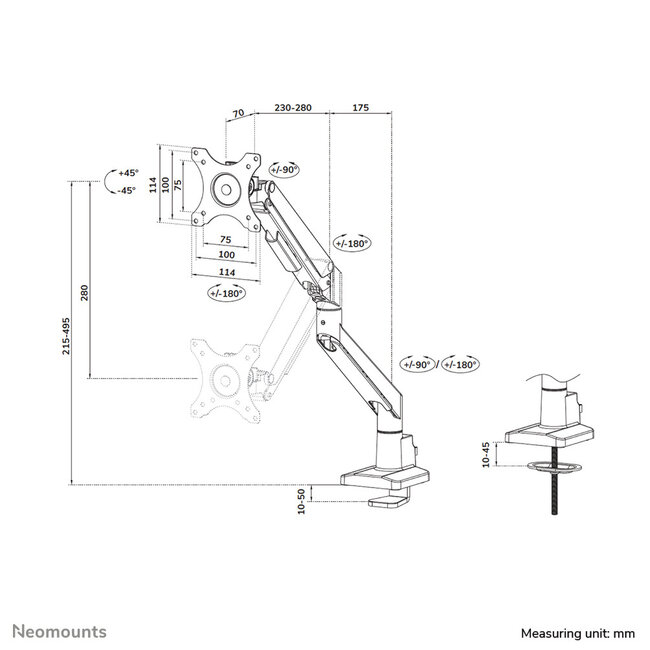 Neomounts DS70-250SL1 Monitorarm 17-35" - gasveer - Topfix - 180°-stop