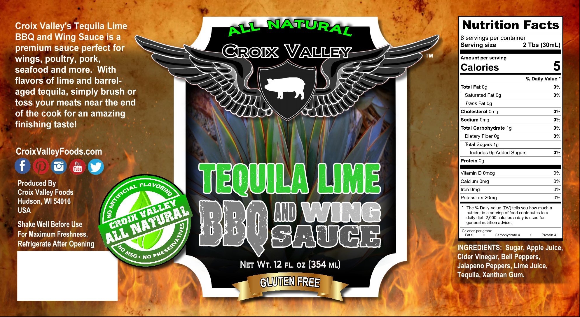 Croix Valley Tequila Lime BBQ & Wing Sauce 12 oz Vuur & Rook