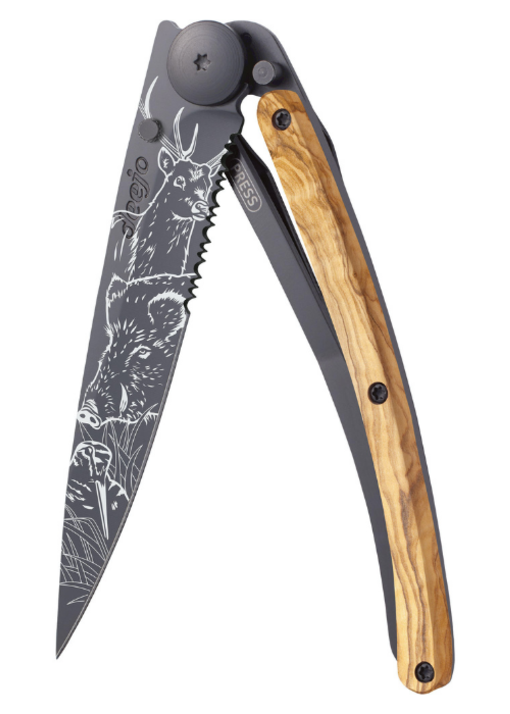 Deejo Deejo Serrated 37g Black Olive Wood 'Hunting Scene'