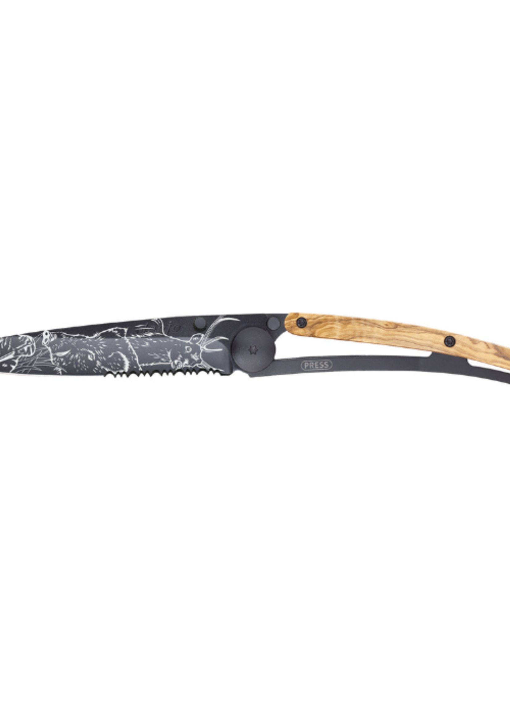 Deejo Deejo Serrated 37g Black Olive Wood 'Hunting Scene'