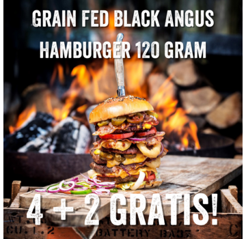 Weekdeal: Grain Fed Black Angus Hamburger 120 gram 4 + 2 gratis