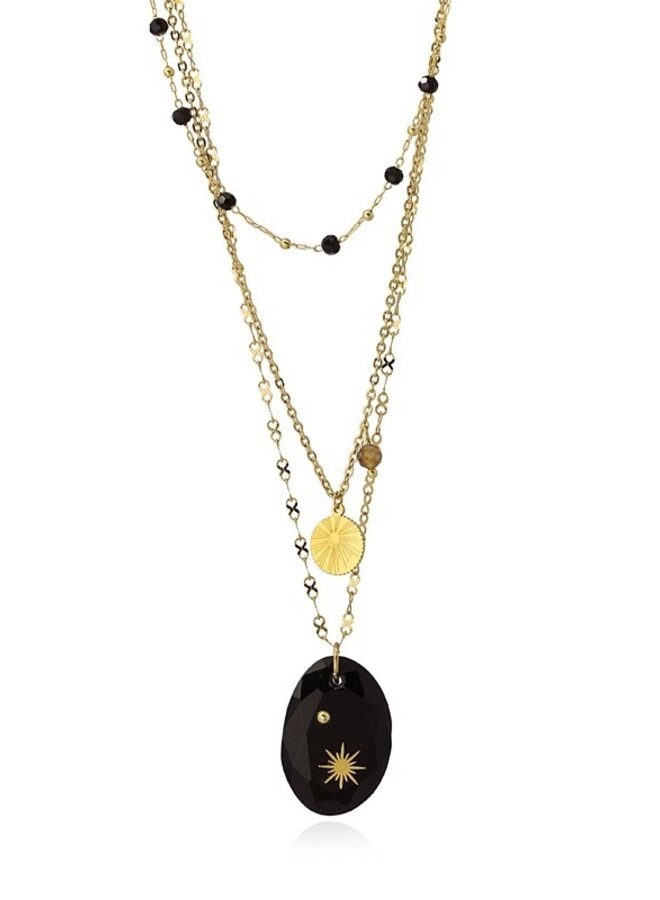 COLLIER TRIPLE AVEC DIFFÉRENTES CHAÎNES DEUX PENDENTIFS ET UNE PIERRE ET DES ÉCLATS COA959