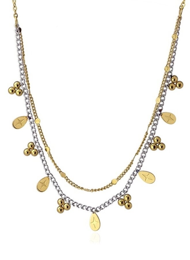 DOUBLE CHAIN NECKLACE WITH BALL AND TEAR SHAPED METAL PIECE COA994