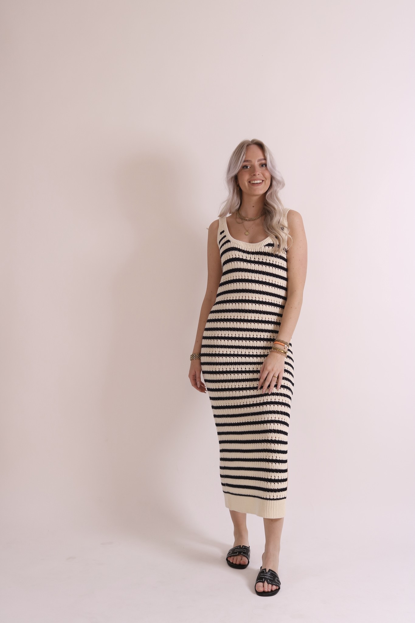 Knitted striped dress beige