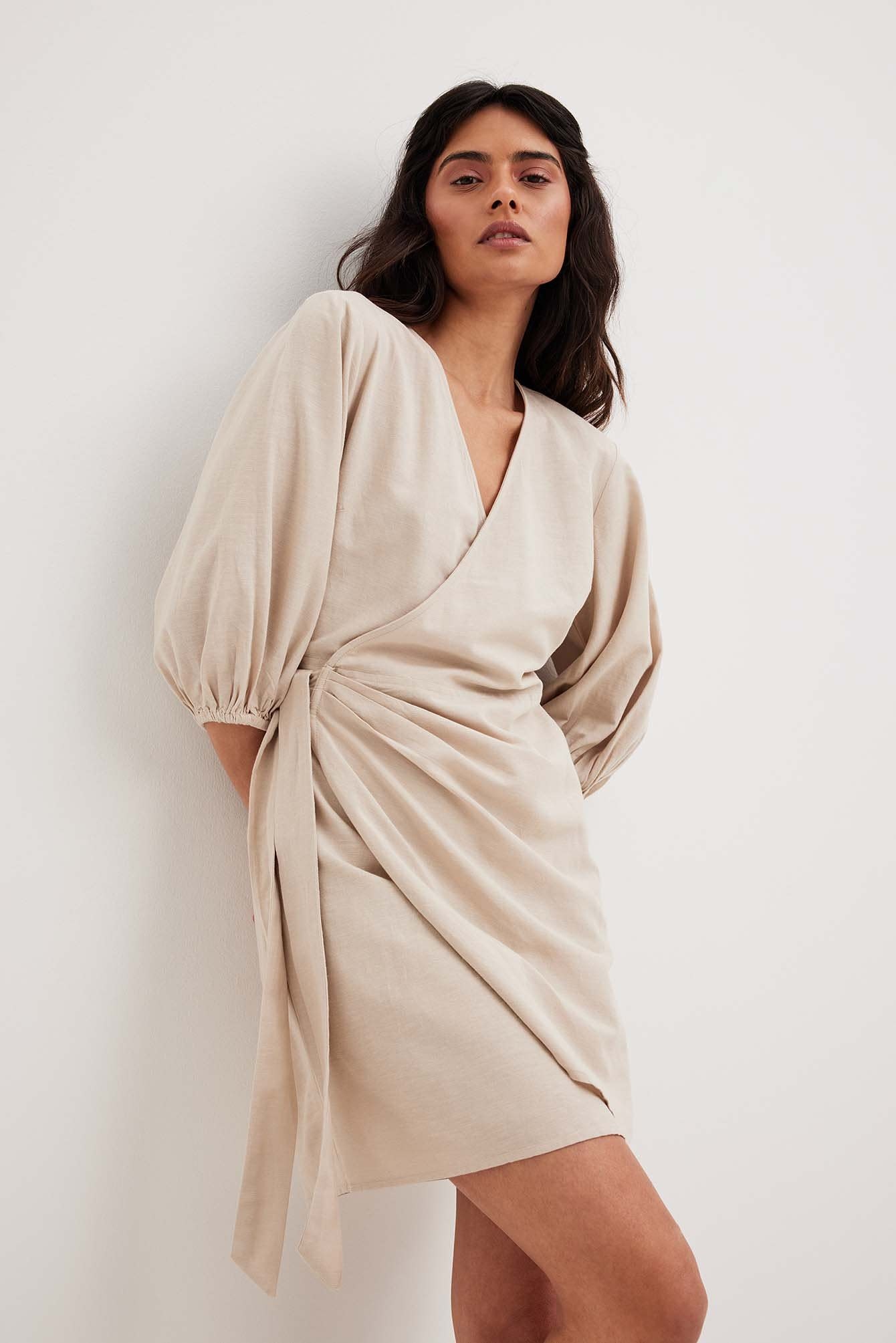 wrapped linen mix mini dress 1014-001545 beige