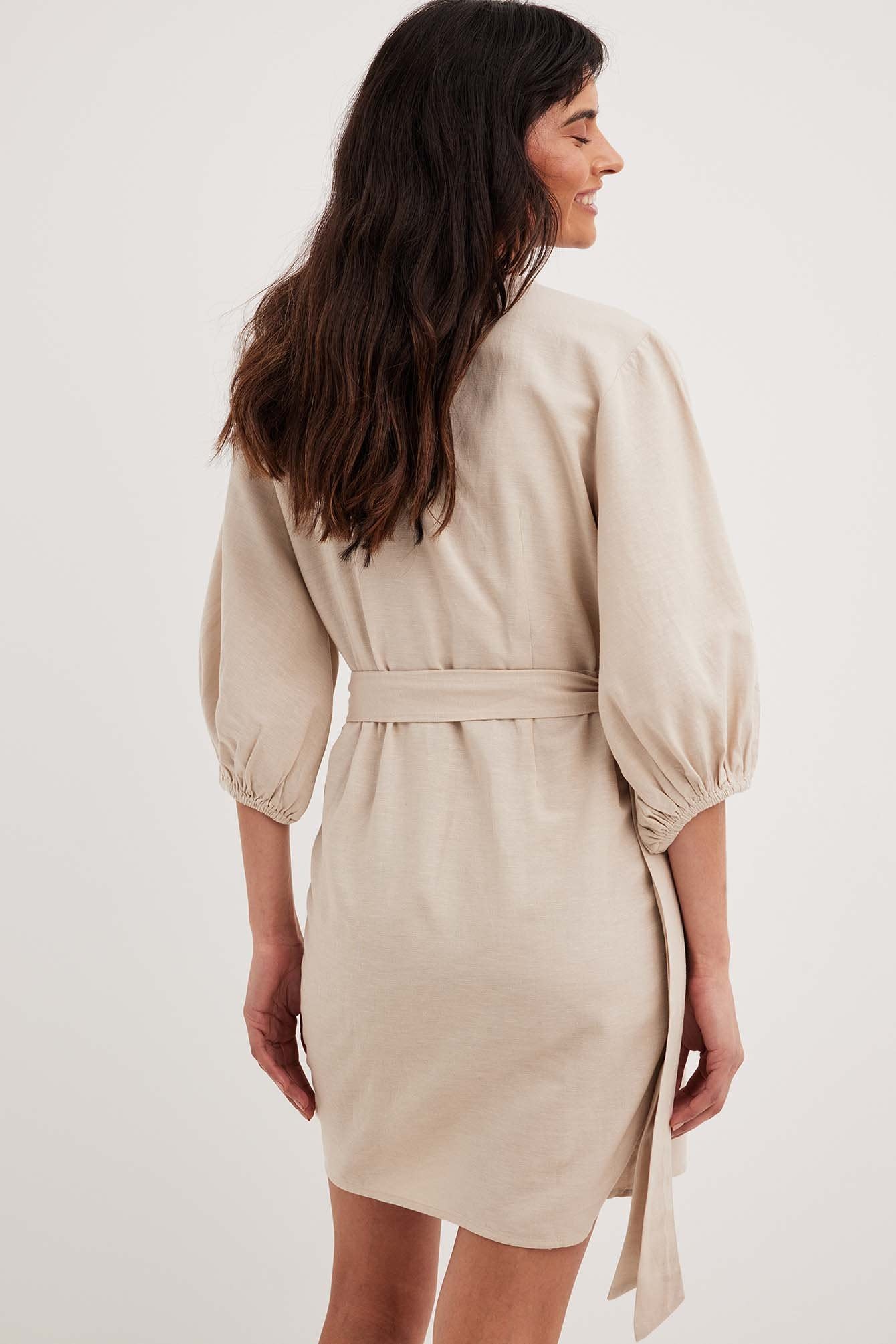 wrapped linen mix mini dress 1014-001545 beige