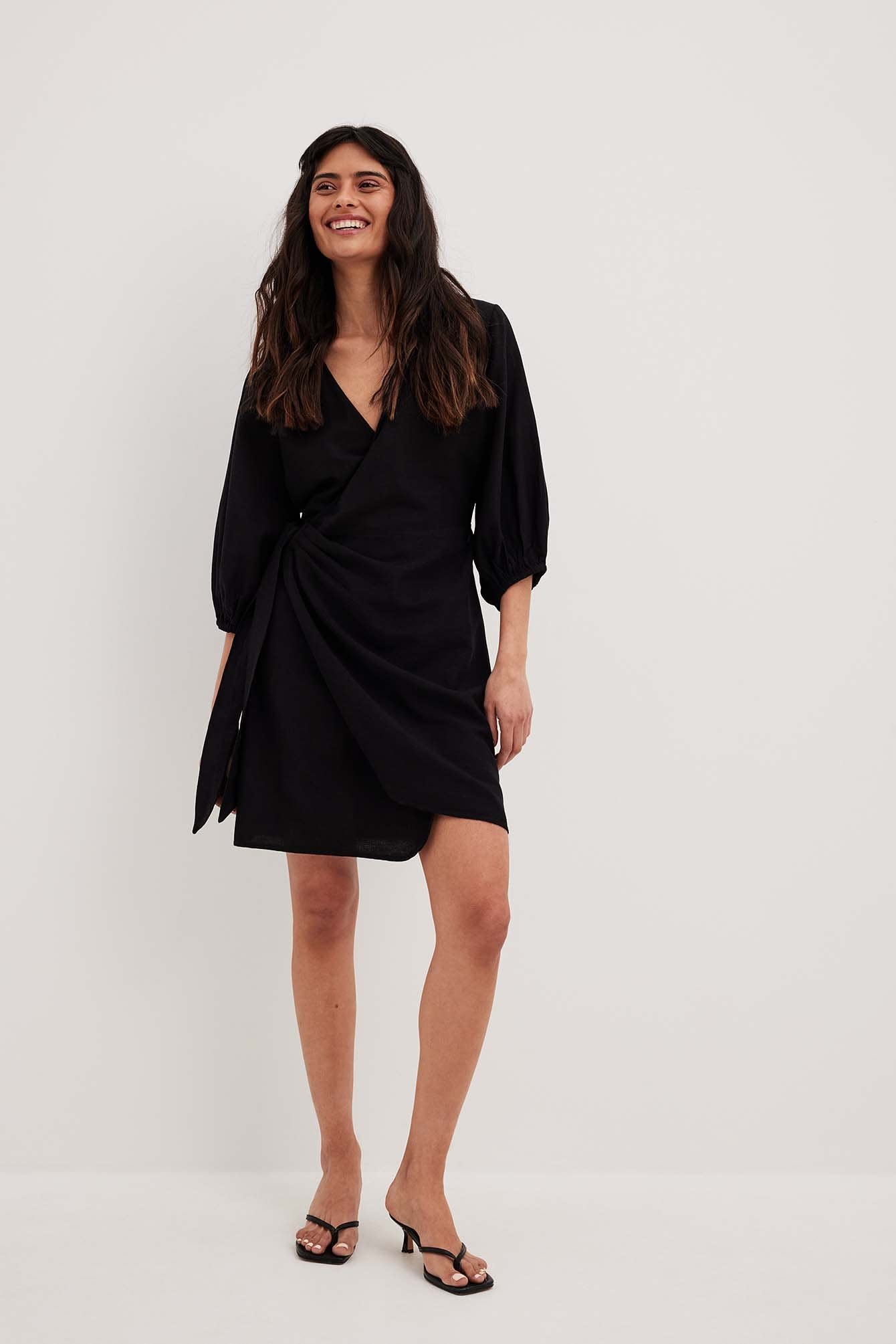 wrapped linen mix mini dress 1014-001545 black