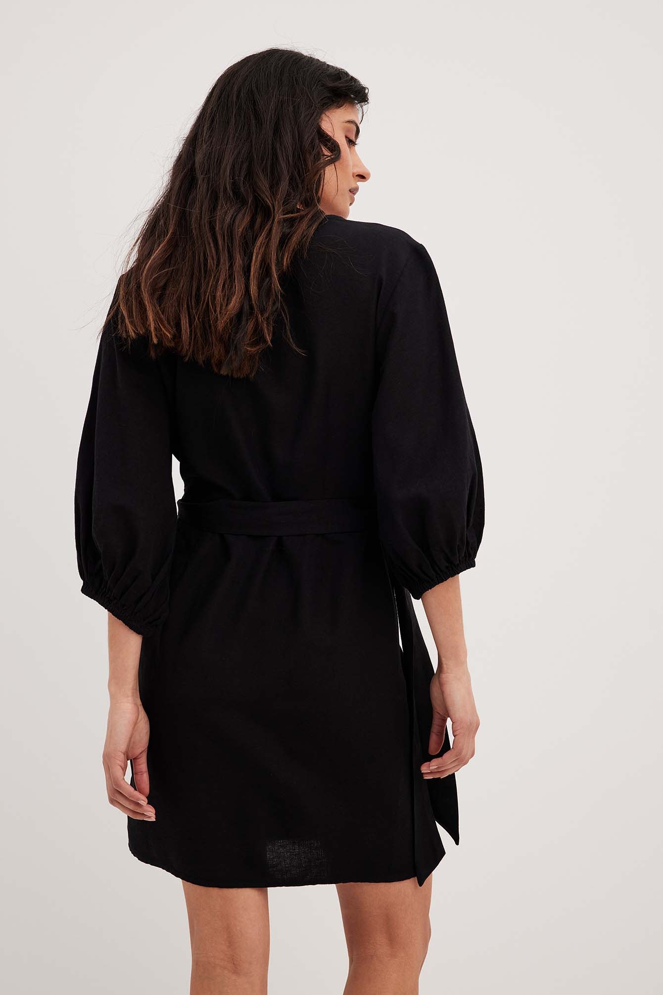 wrapped linen mix mini dress 1014-001545 black