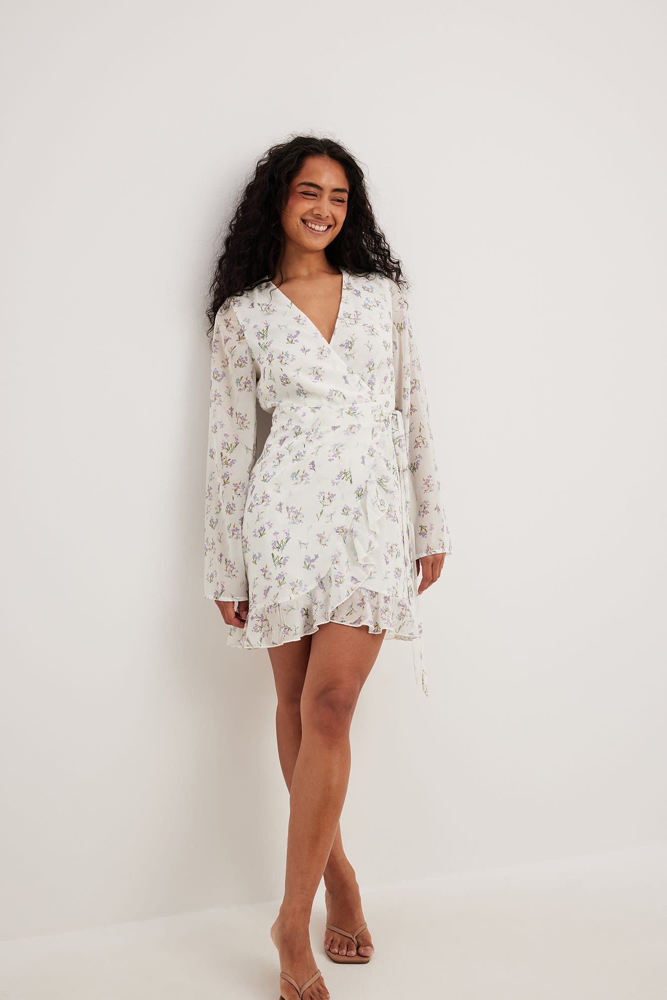 overlap tie waist mini dress 1014-001548 small purple flower