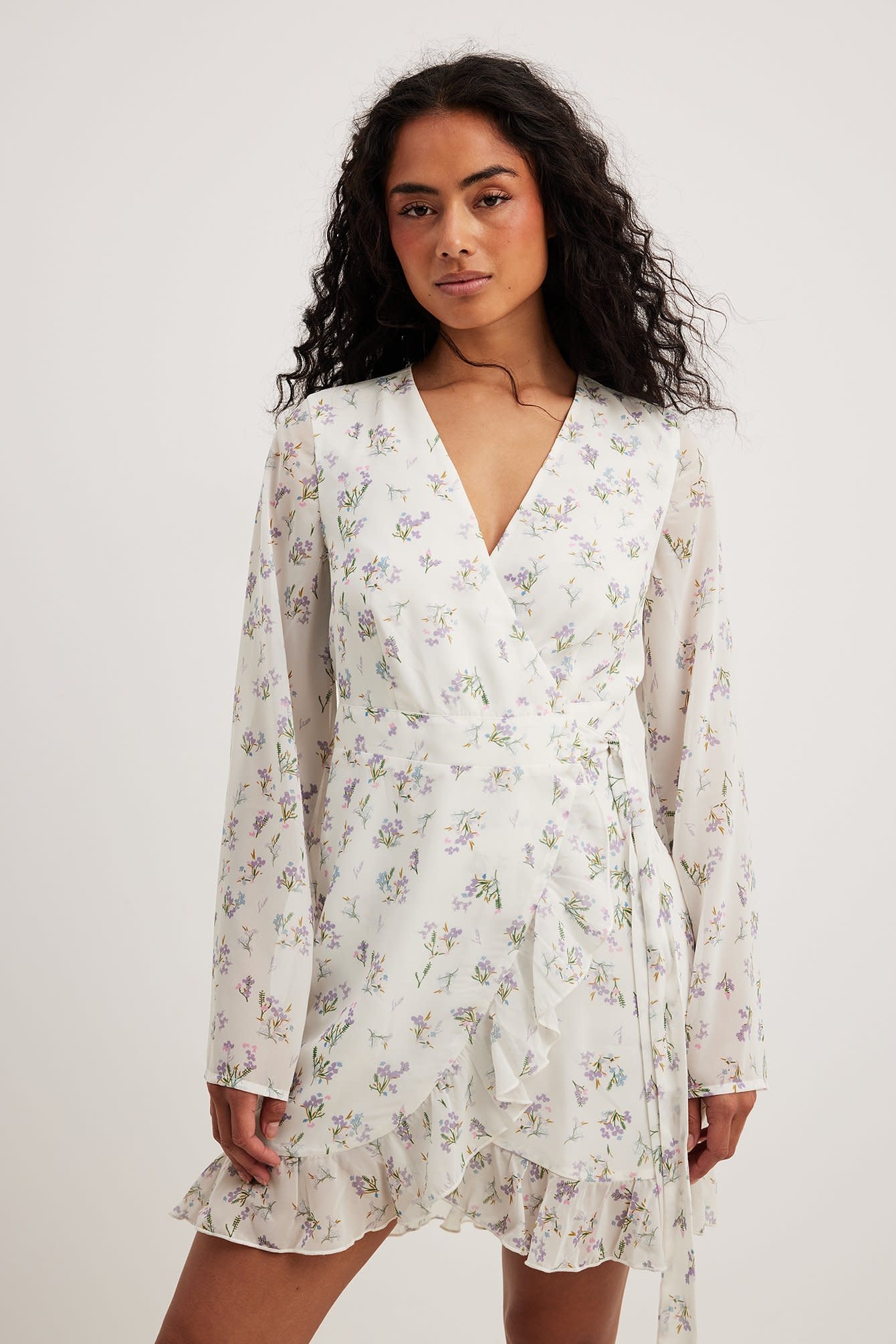 overlap tie waist mini dress 1014-001548 small purple flower