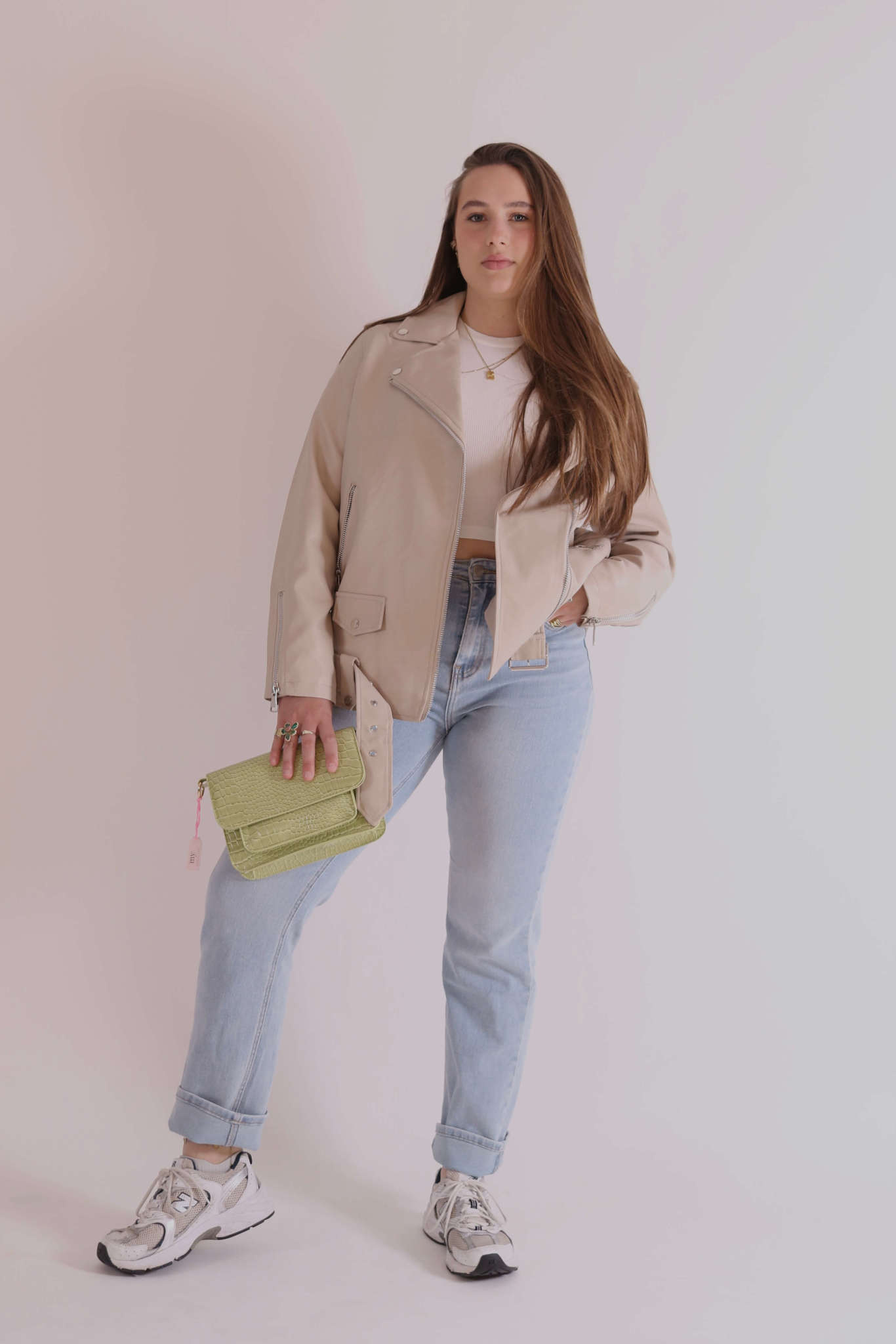 Oversized faux leather jacket light beige