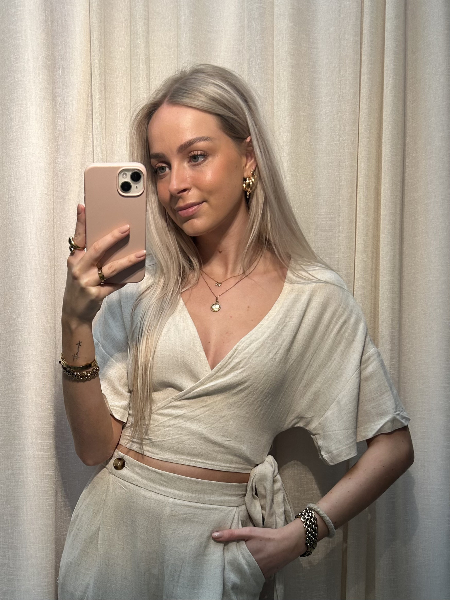 Monica linnen ss wrap top - beige